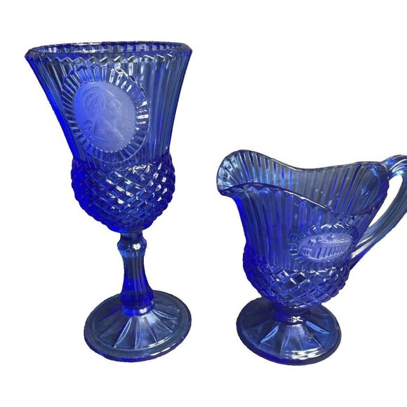 Fostoria Glass Avon George Washington Goblet Mt Vernon Pitcher Cobalt Blue - Picture 1 of 10